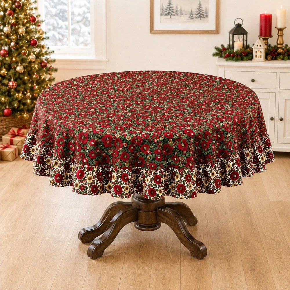 Vintage Christmas Round Tablecloth Ruffled Poinsettia Pinecone Red Green 67